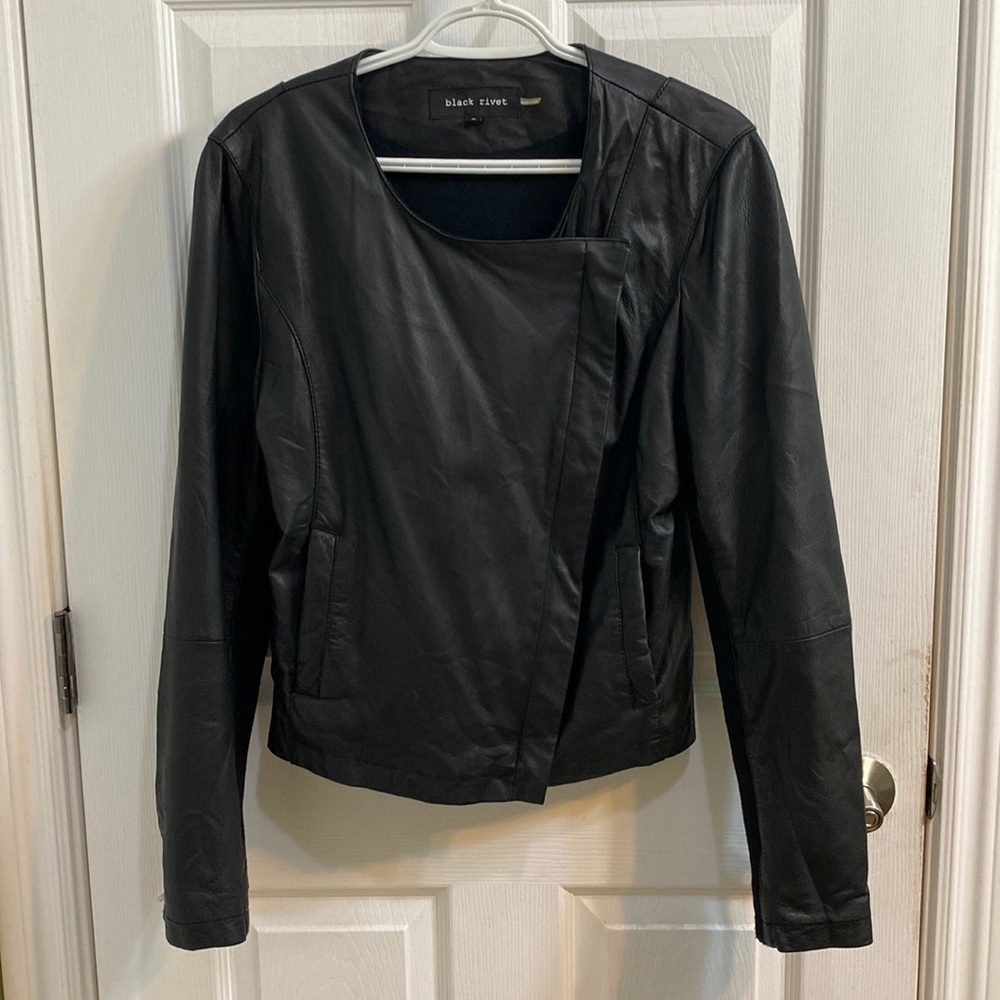 Black Rivet Leather Moto Indie Sleaze Jacket Cross Zip Pocket Women’s Medium